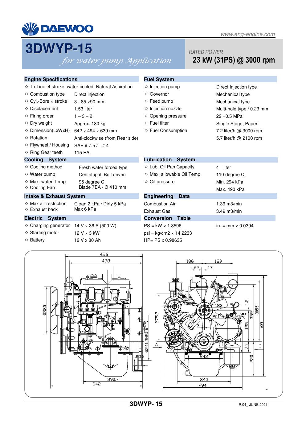 Daewoo 3DWYP-15 diesel pump engine specification