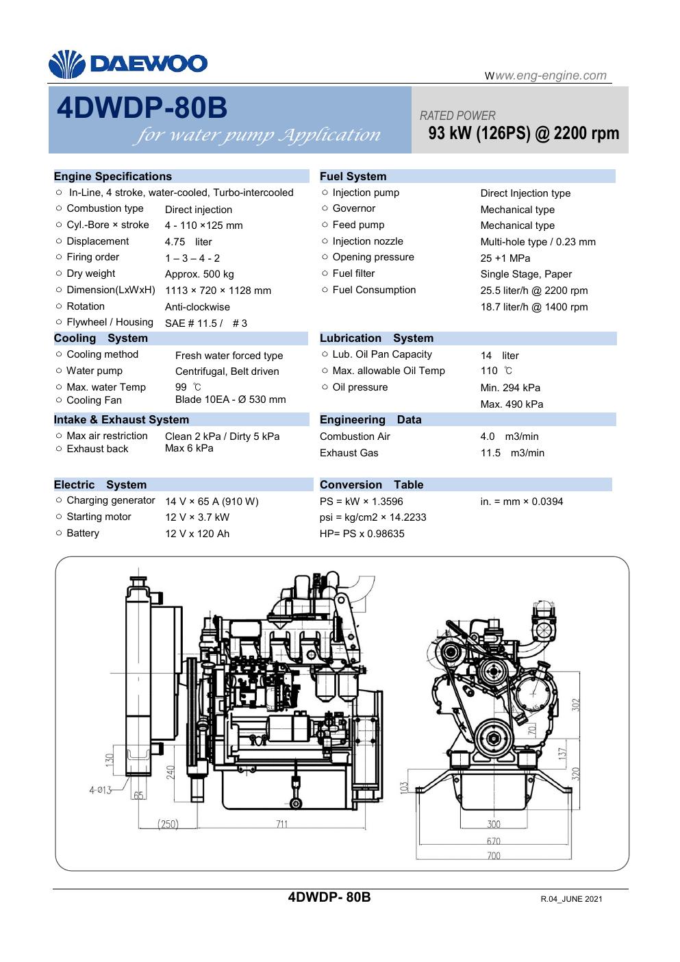 Daewoo 4DWDP-80B diesel pump engine specification