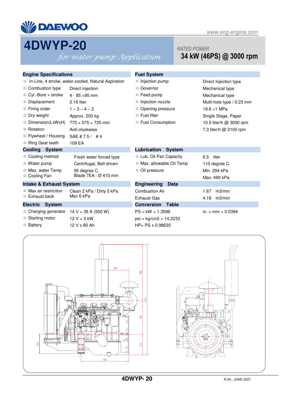 Daewoo 4DWYP-20 diesel pump engine specification
