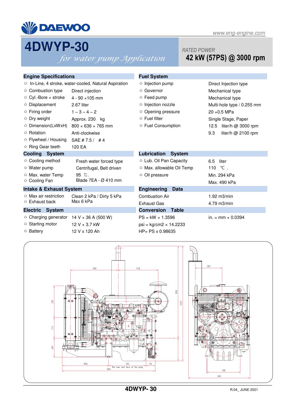 Daewoo 4DWYP-30 diesel pump engine specification