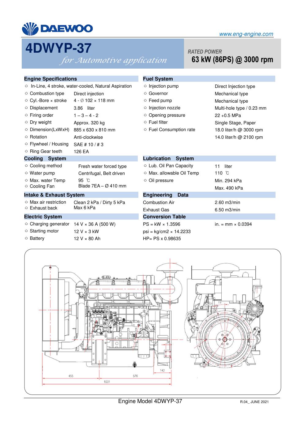 4DWYP-37 Daewoo diesel pump engine spec sheet