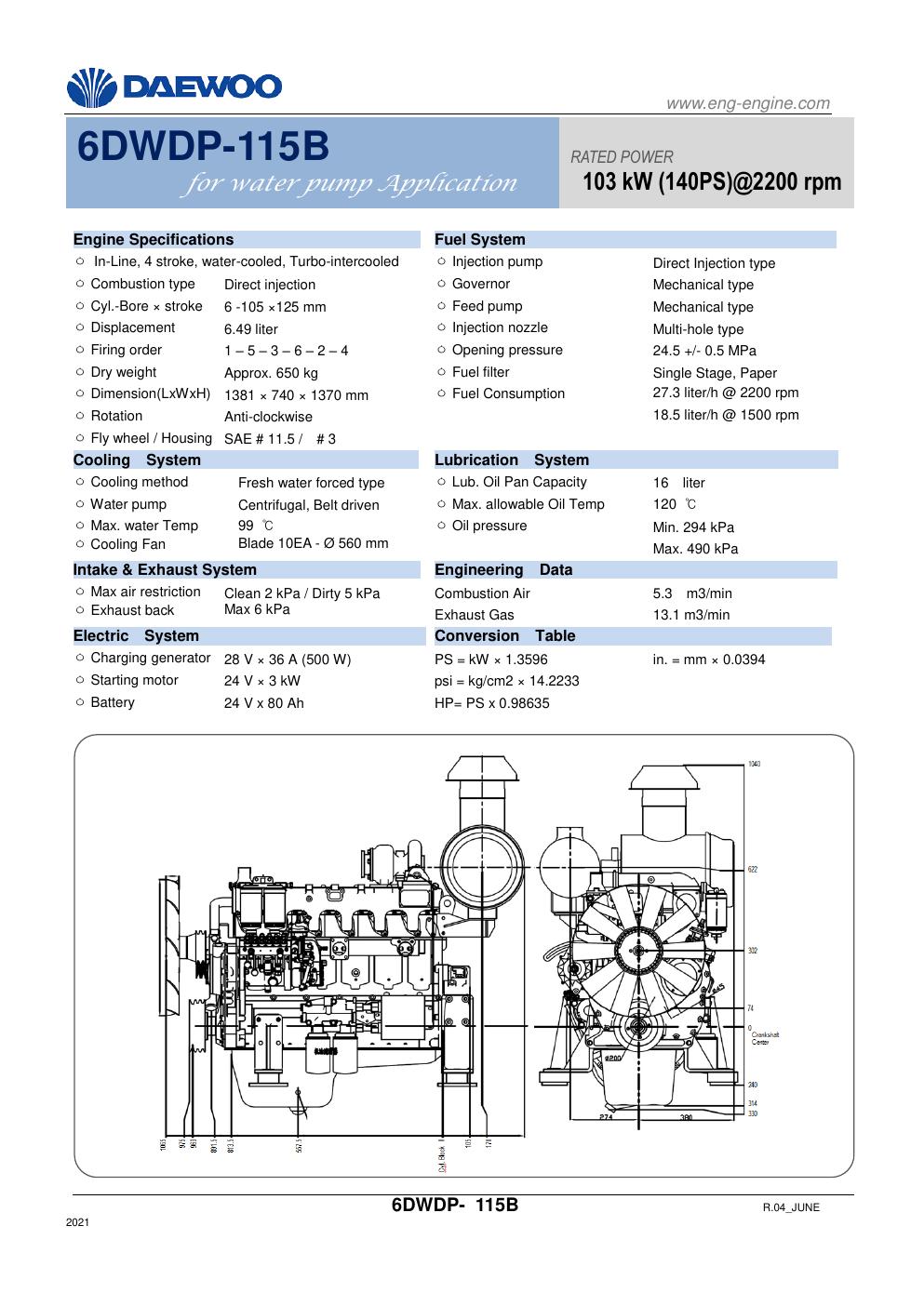 Daewoo 6DWDP-115B diesel pump engine specification