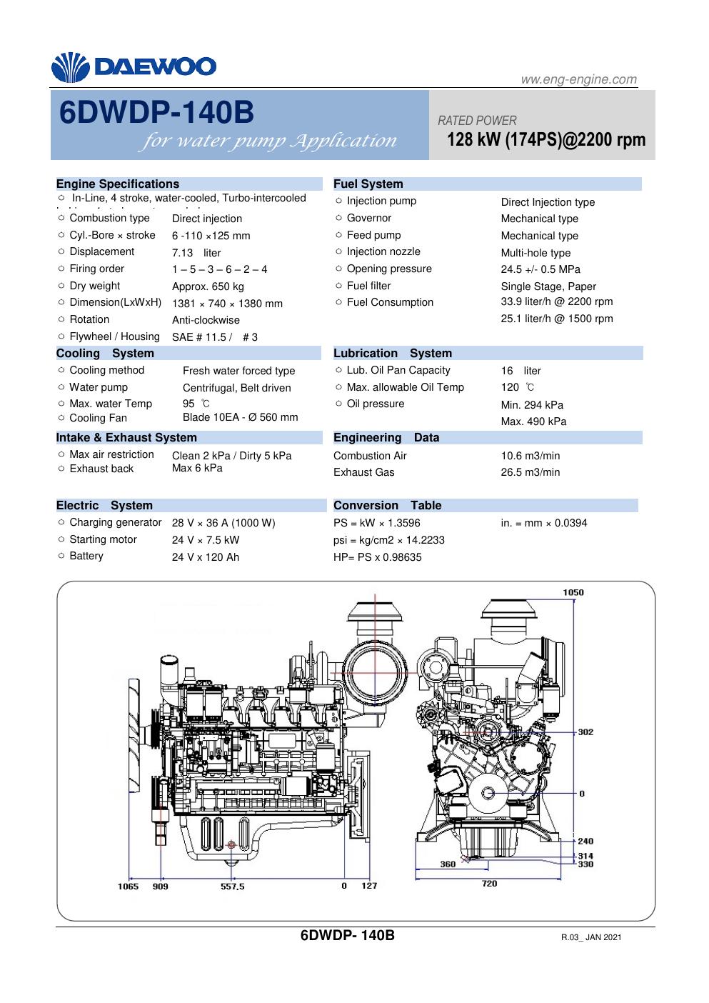 Daewoo 6DWDP-140B diesel pump engine specification