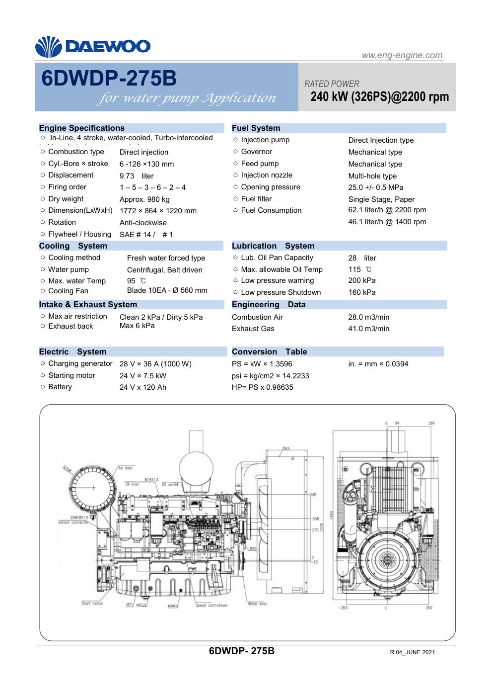 Daewoo 6DWDP-275B diesel pump engine specification