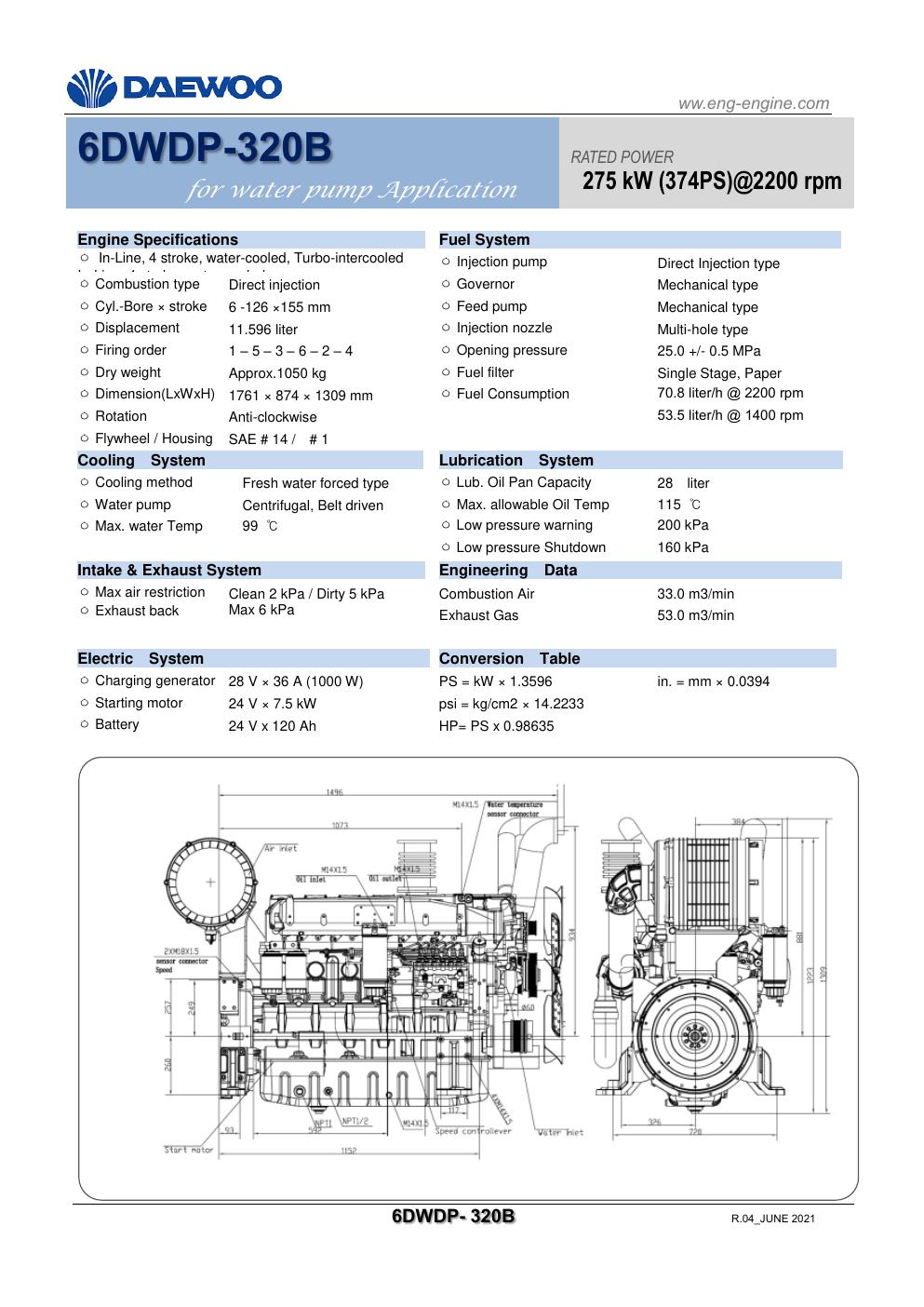 Daewoo 6DWDP-320B diesel pump engine specification
