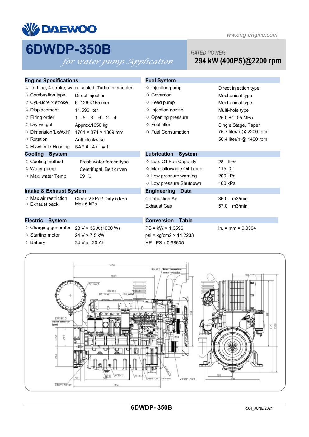 Daewoo 6DWDP-350B diesel pump engine specification